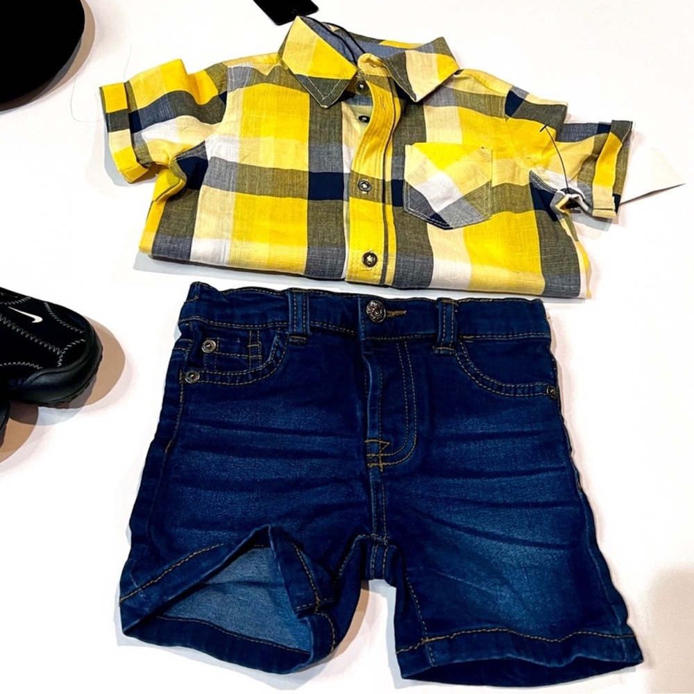 Yellow Plaid Kids Shirt & Jean shorts set by 7 For mankind new with tags - Picture 3 of 13